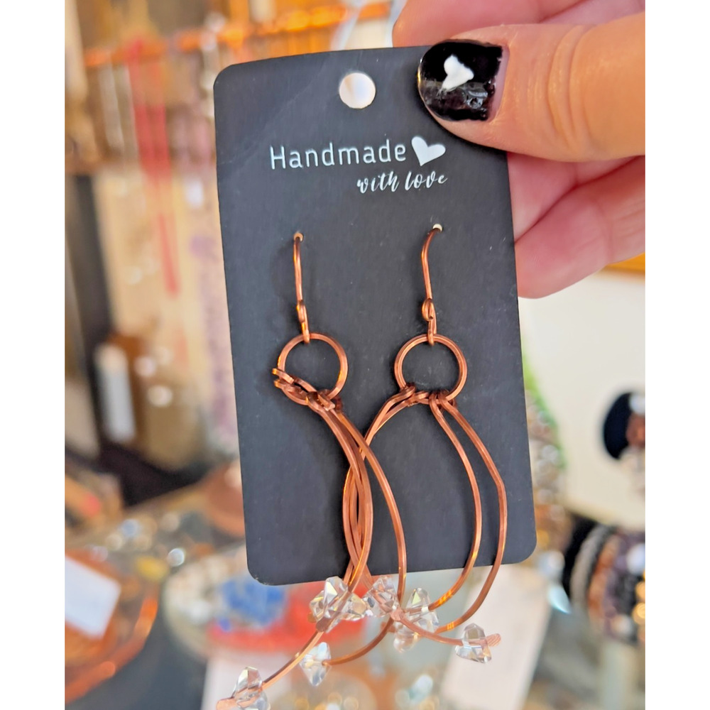 Artisan Made Hand Crafted Dangle Drop Earrings Modernist Copper Crystal OOAK